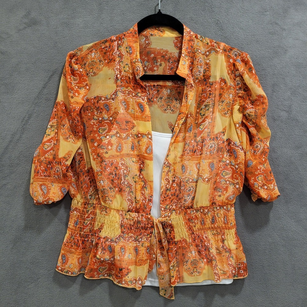 Coldwater Creek Top Womens Size Petite Medium Paisley Sheer Pintuck Tie Waist‎